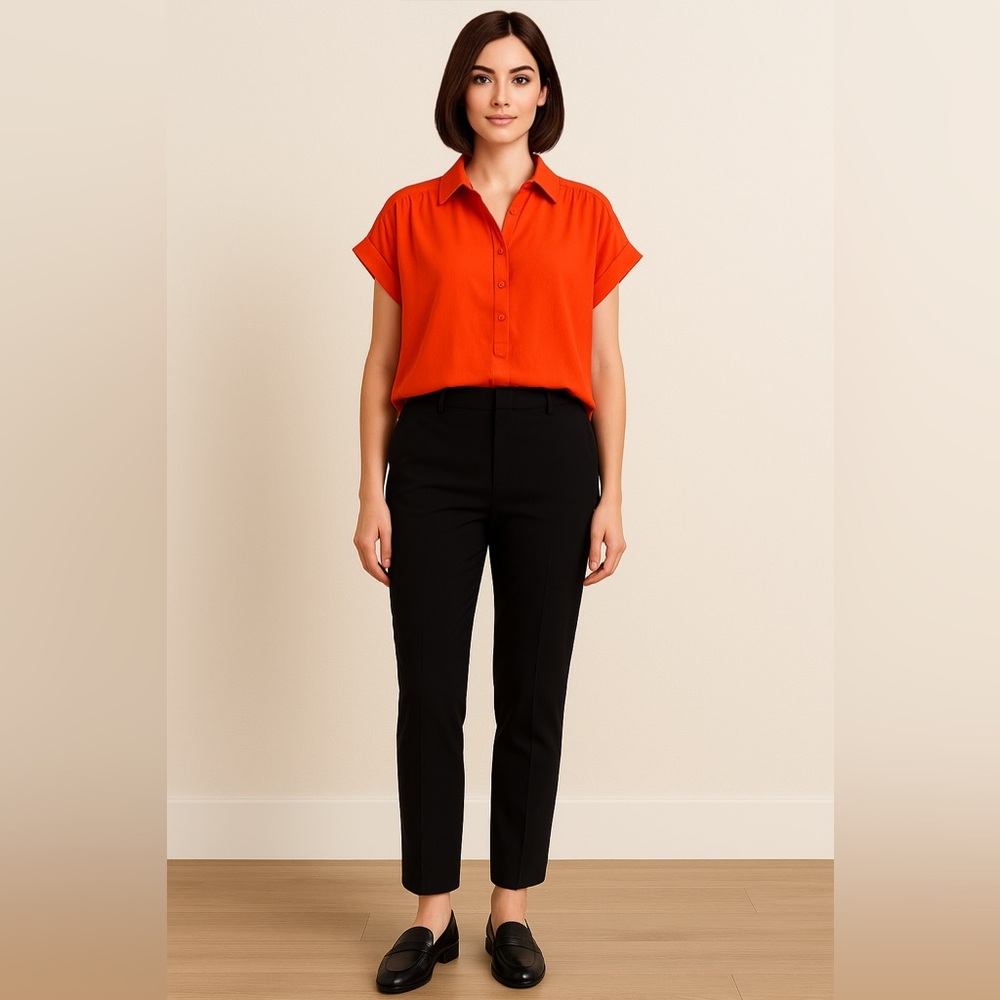 Entro‎ Bright Orange Collared Button-Front Blouse Size L